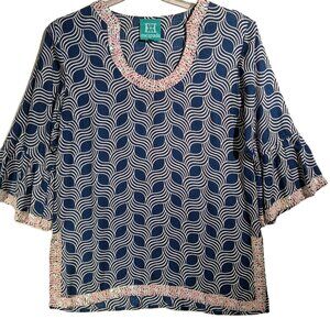 ESCAPADA Top  sz L  Beach  Tunic  Navy Geo Print  Sequins  Bel 3/4 sleeve  GUC